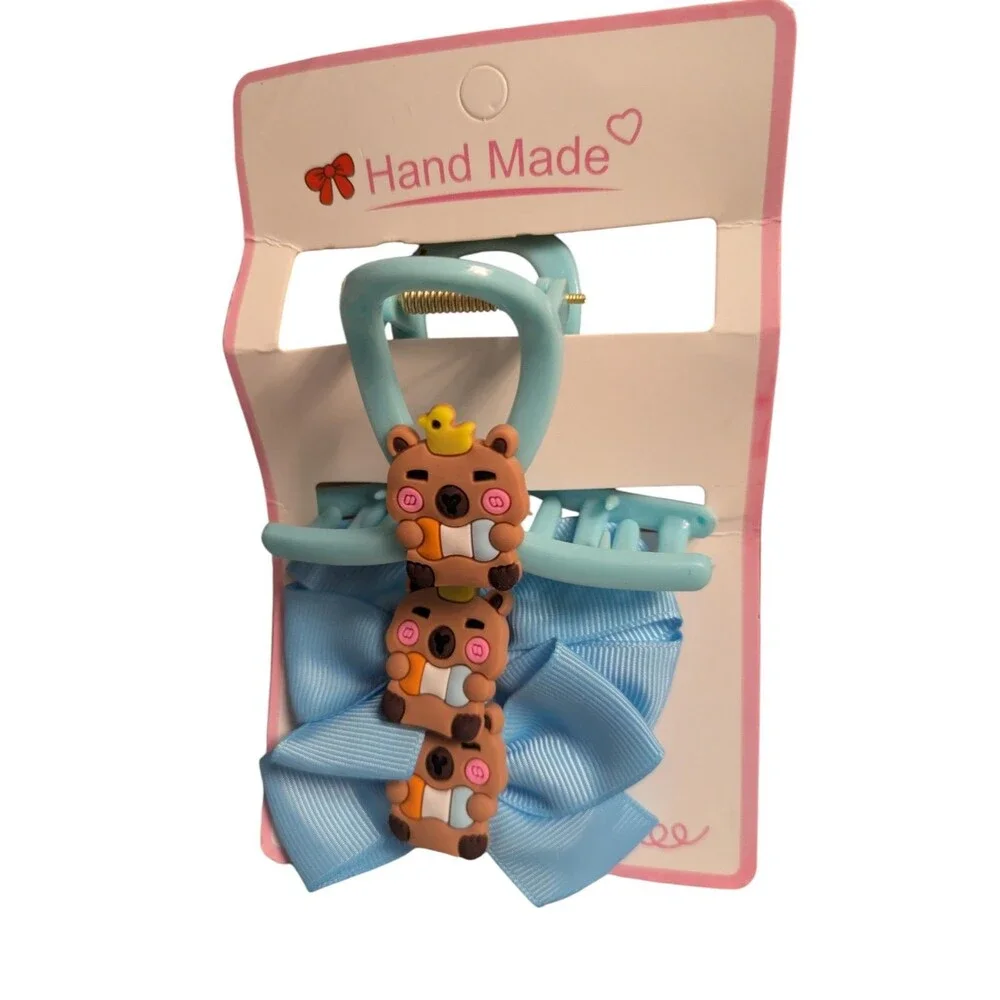 Cute Capybara Hair Claw Clips Bow Style Pink Blue Set